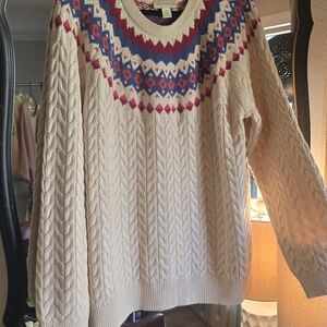 Women's Cream Cable Knit Sweater with Multicolor Pattern